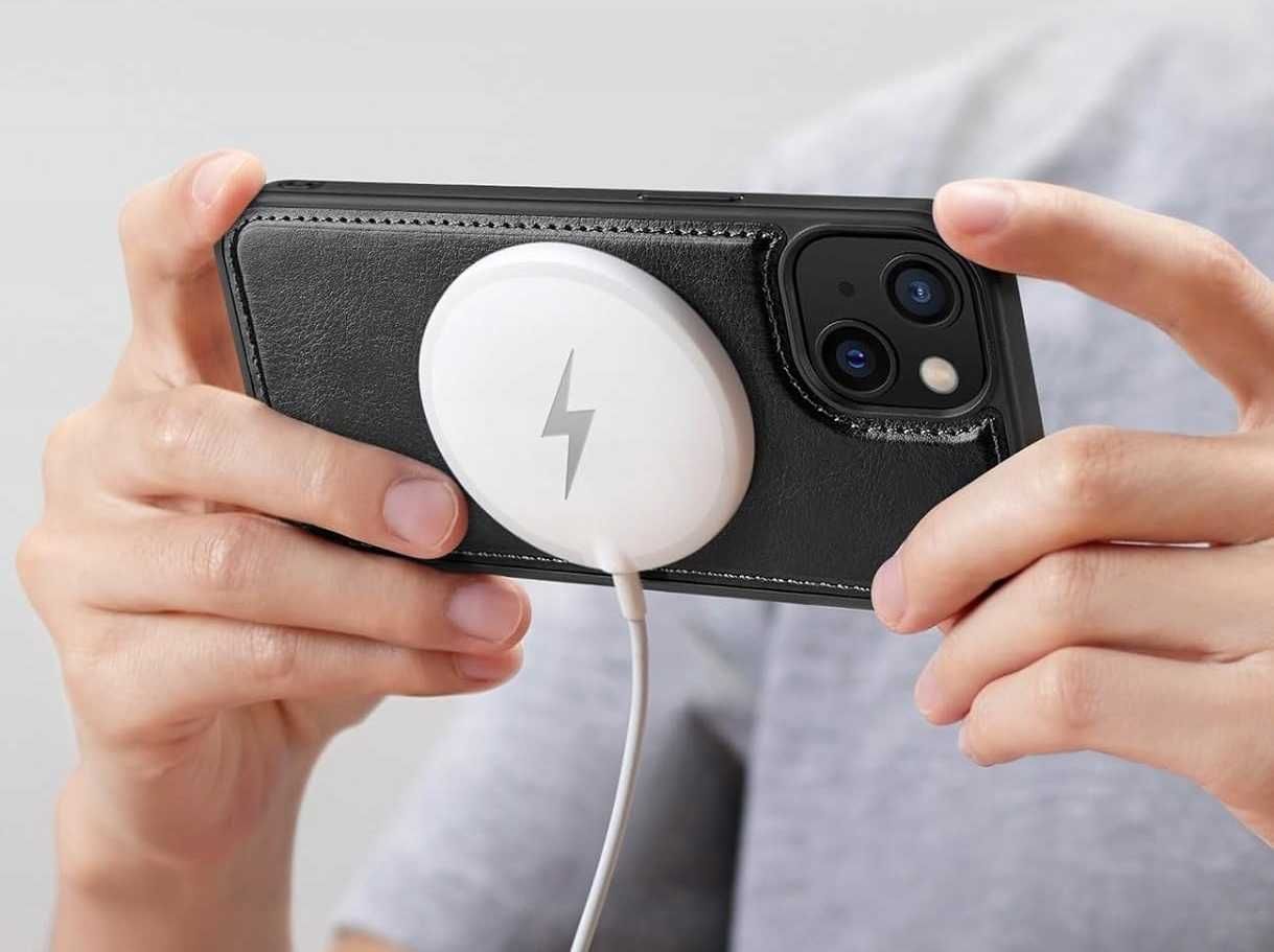 Ocase etui skórzane magsafe iPhone 15 z klapką portfel czarne  2w1