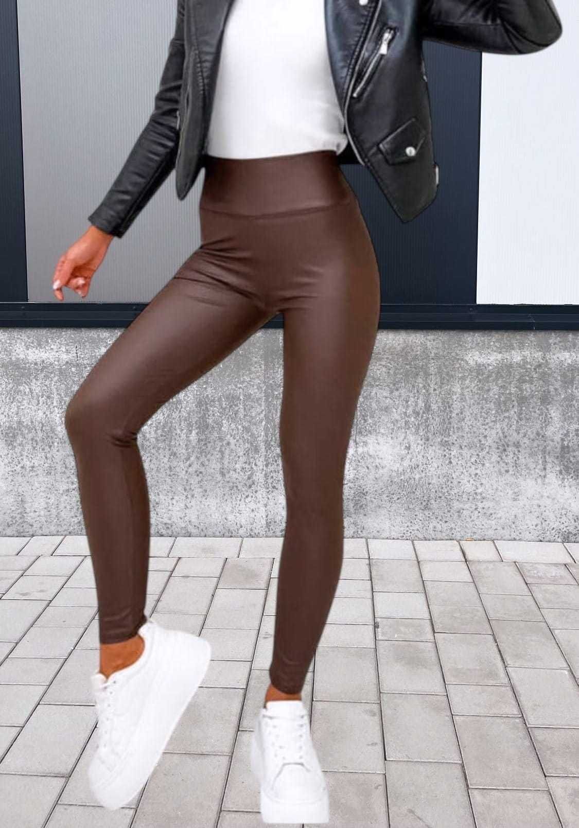 Ocieplane legginsy damskie z eko skóry wysoki stan -czekoladowe XL/XXL