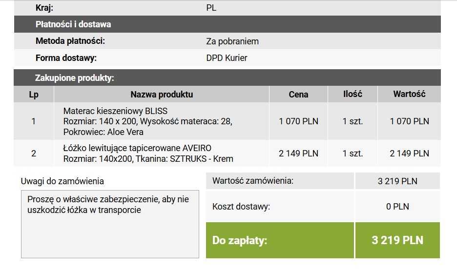 łóżko lewitujące 140x200cm zupełnie nowe 50% ceny sklepowej okazja FDM