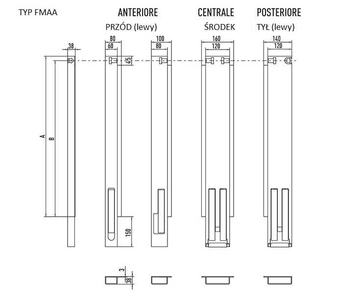 Słupek wypinany środkowy H400 FMCA oraz tylny P/L do wywrotki