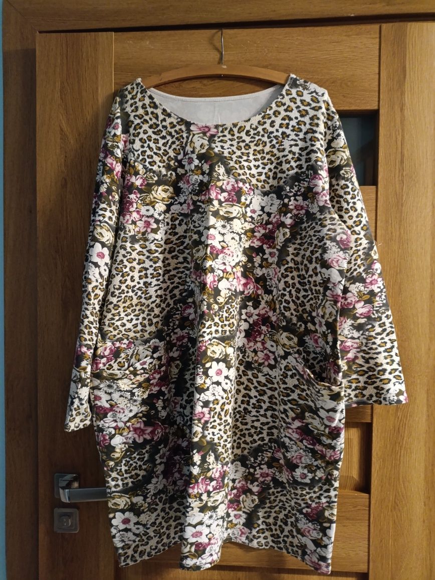 Sweter bluza panterka kwiaty plus size z kieszeniami