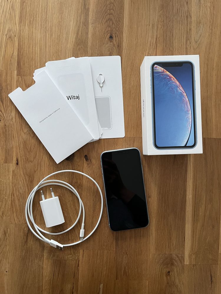 iPhone XR 64GB niebieski kabel zasilacz pudelko (bateria 85%)