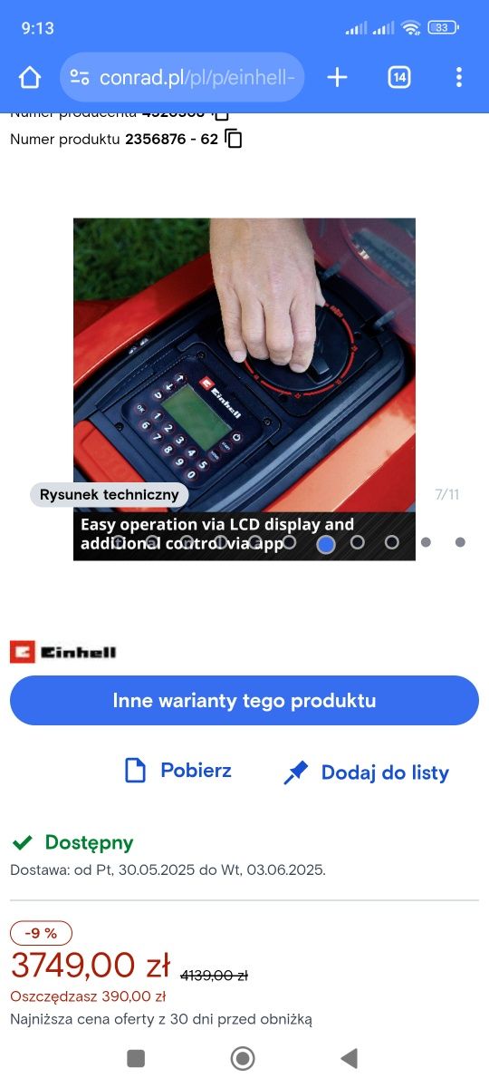 Robot koszący kosiarka Einhell frelexo lcd 1200 bt.plus aplikacj