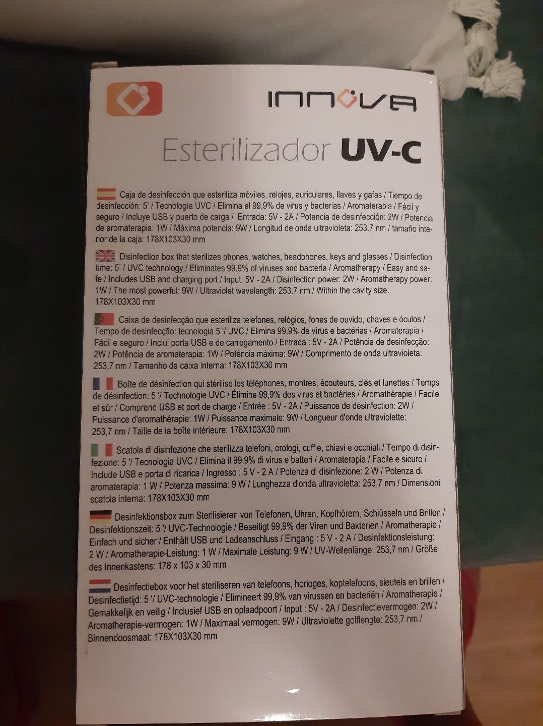 Caixa esterilização telemóveis, fones,óculos etc