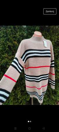 Sweter damski nowy z metką 3 kolory paski golf tunika