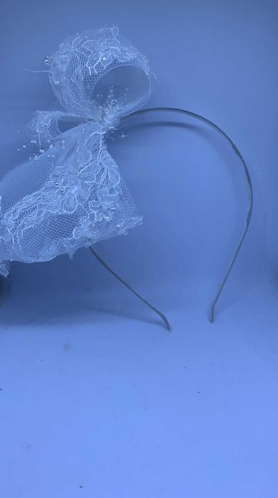 Nowa Tiulowa Kokarda Koronka Opaska Ślub Rękodzieło Perły Diadem  Art