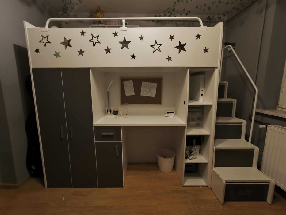 Łóżko piętrowe (190x80) z szafą i biurkiem, schody z szufladami