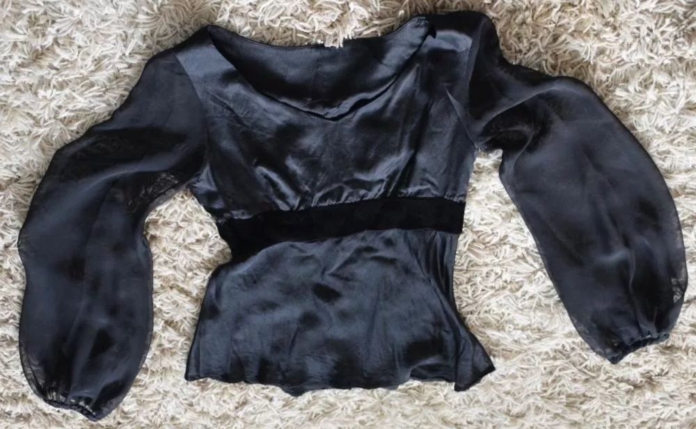 Elegancka czarna bluzka 34/36, satynowa atłas szyfon, HUGO BOSS