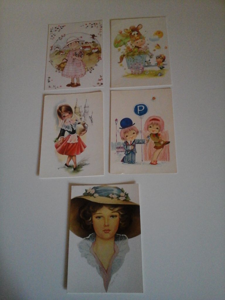 Conjunto de 5 postais antigos, com bonecos