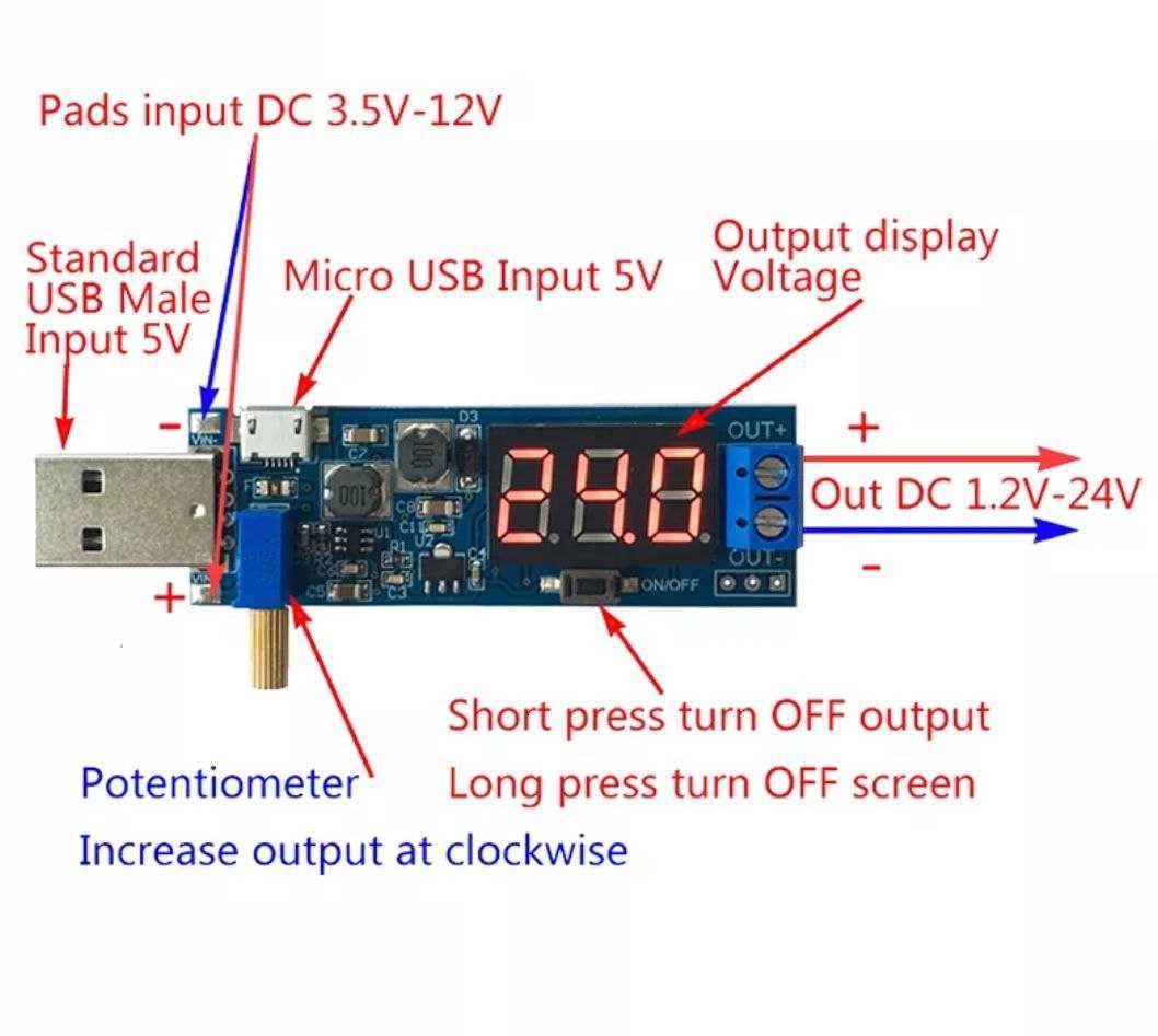 Перетворювач напруги універсальний 3-12В на 1-24В, вольтметр USB
