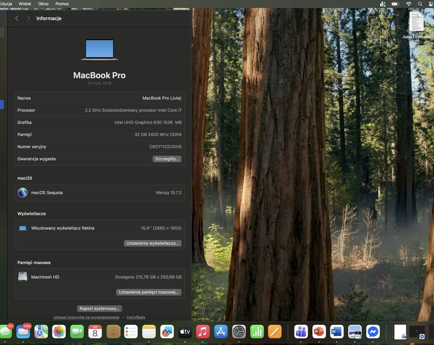 MacBook Pro 15” (2019) – i7 / 32 GB RAM / 256 GB SSD / Srebrny