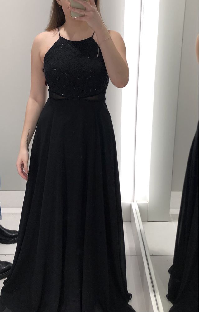 czarna elegancka długa suknia balowa cekiny maxi studniówka S 36 Jakes