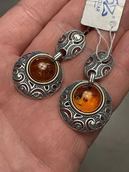 Długie Srebrno-Złote Kolczyki - Srebrne Kolczyki - 15,87g - BURSZTYN