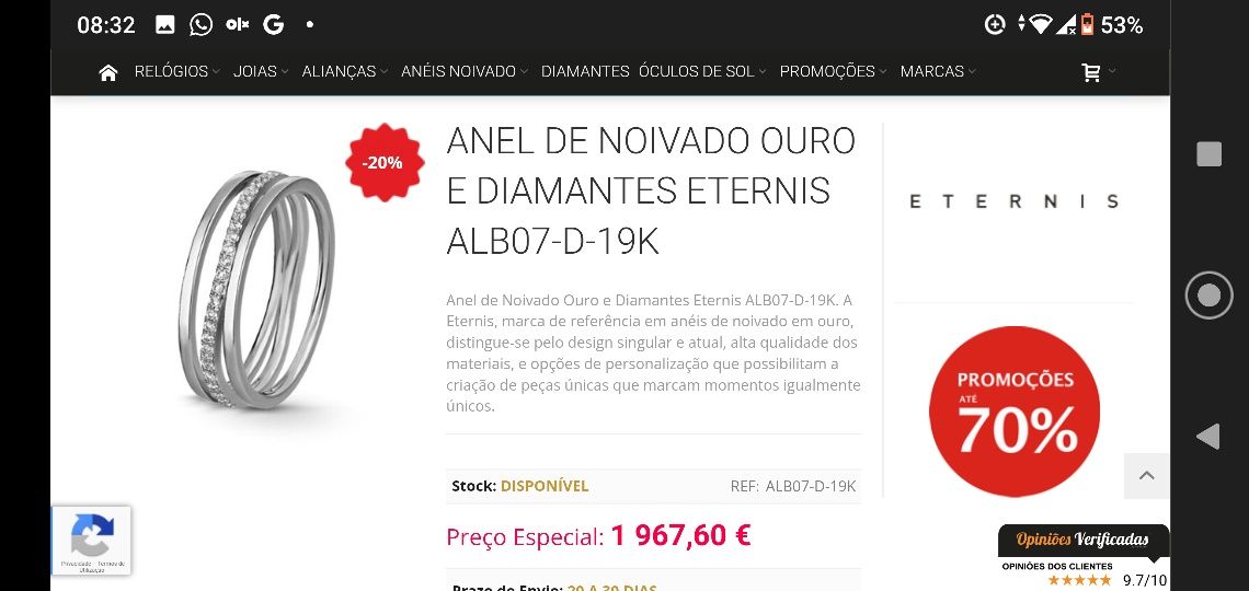 Anel ouro branco e diamantes com certificado