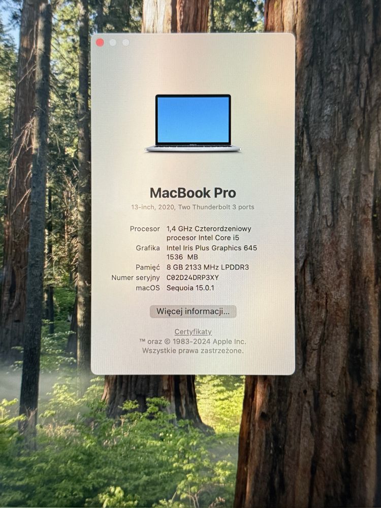 Macbook Pro 13 2020r, 8/256GB, bez blokad, komplet