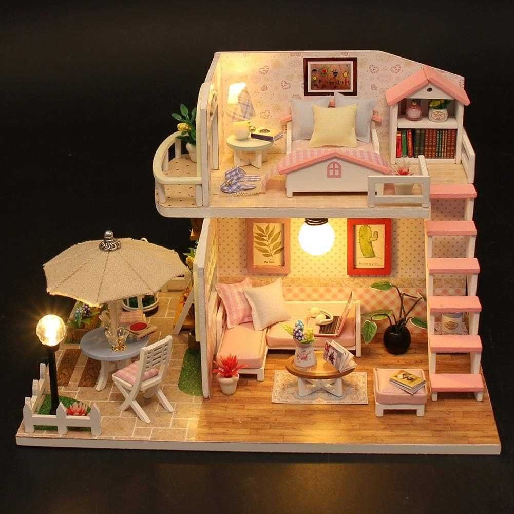 Domek drewniany miniaturowy Pink loft, 3D składanka, DIY