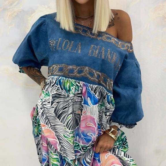 Elegancka sukienka jeans plus size logo Lola bianka