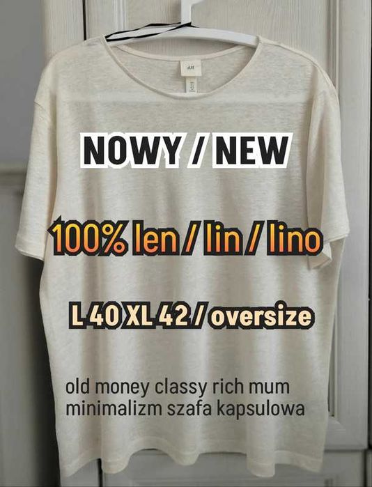 L 40 XL 42 44 XXL oversize kremowy t-shirt basic minimalizm 100% len