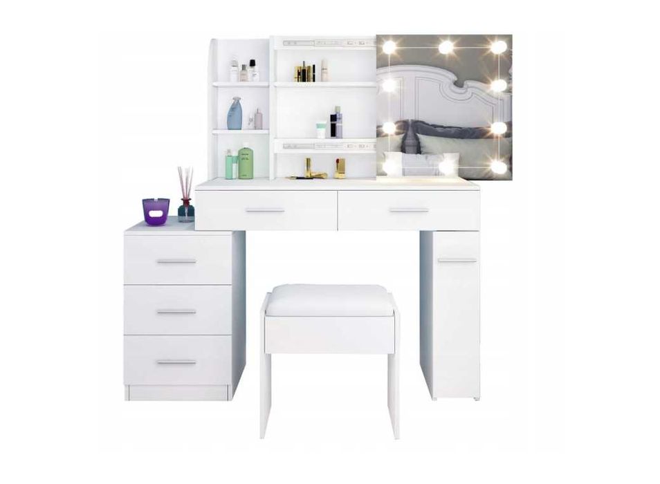 Toaletka otwierane Lustro LED Taboret 5x szuflada półki Szafka biała