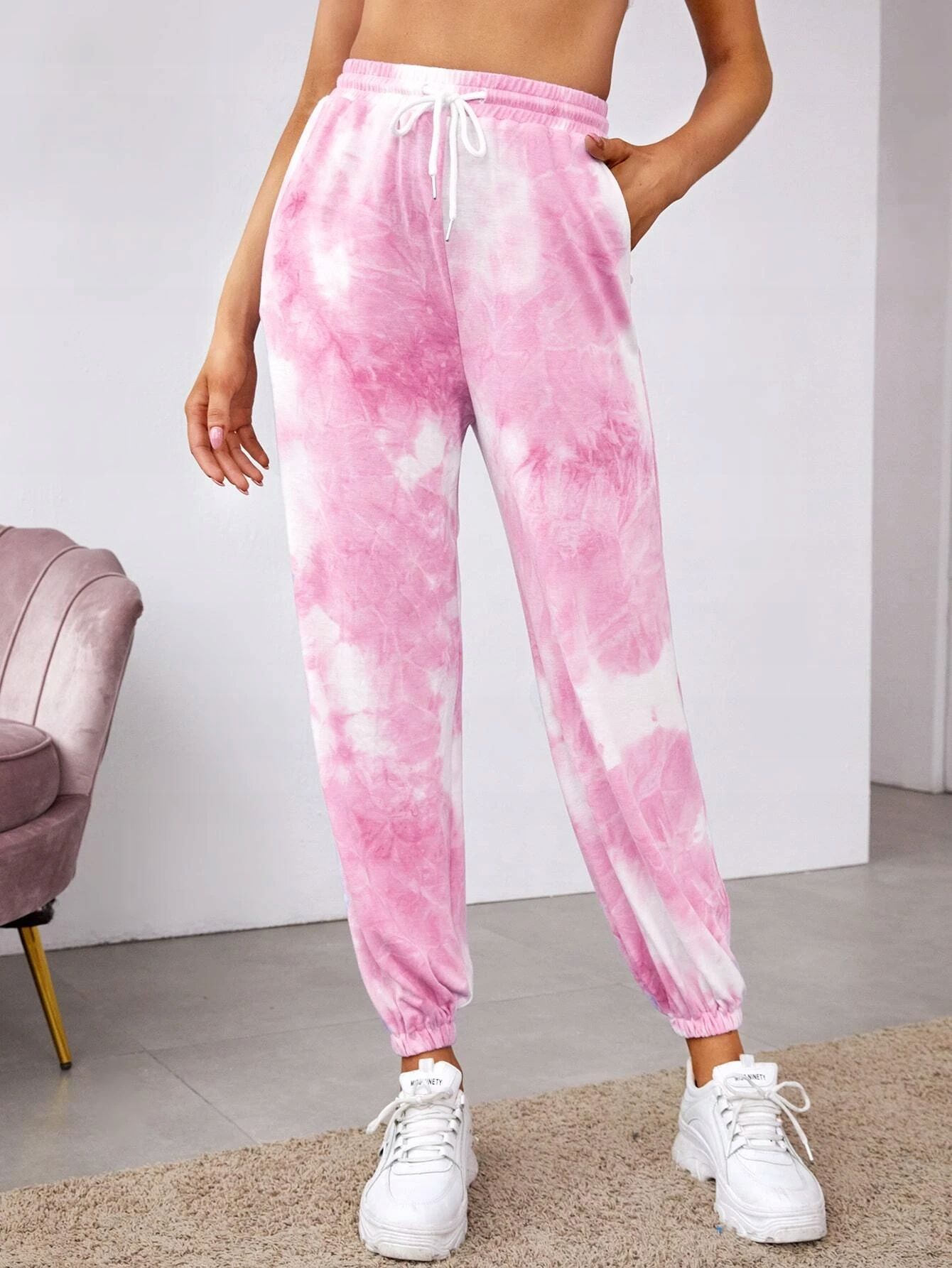 Spodnie Dresowe Tie Dye Z Wysokim Stanem Baby Pink