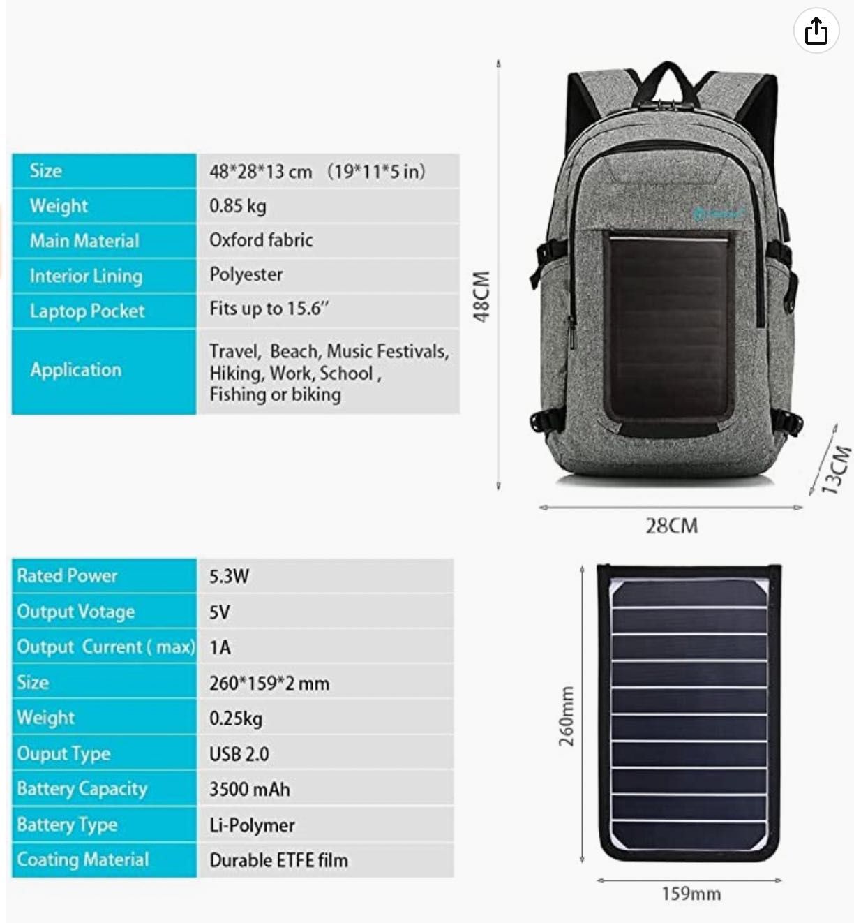 Plecak na laptopa z panelem słonecznym 5W i akumulatorem solarny