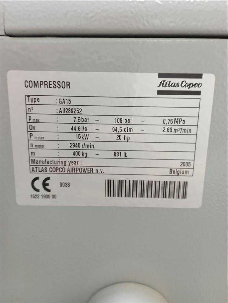 Sprężarka śrubowa,kompresor Atlas Copco GA15,15 kw,s014468