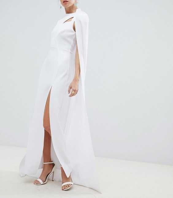 ASOS DESIGN 36/38 biała długa suknia maxi z peleryną CUDO luksusowa