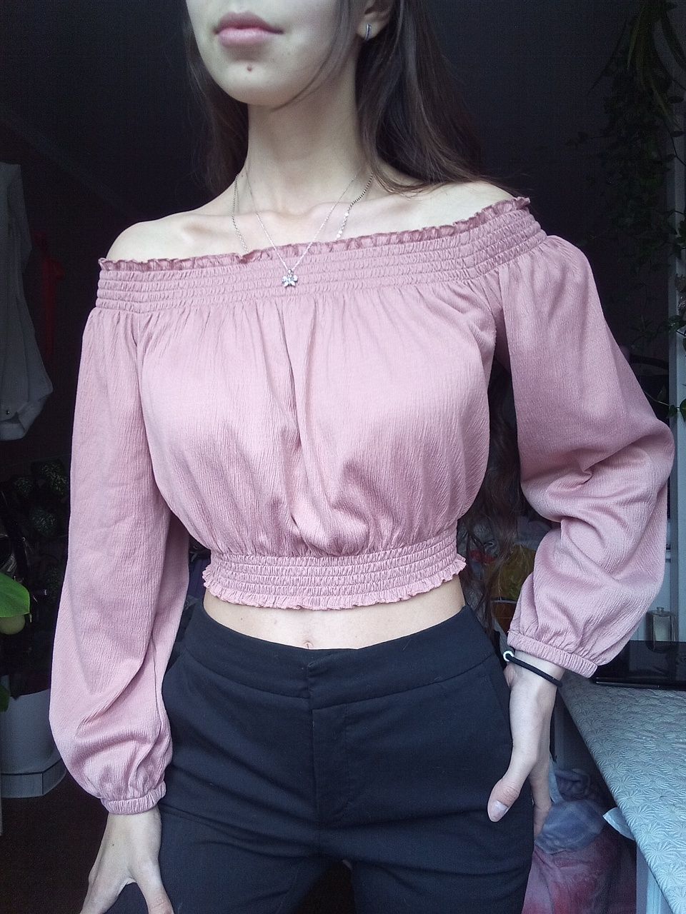 Кроп топ H&M 2 цвета, блузка с открытыми плечами, лонгслив розовый