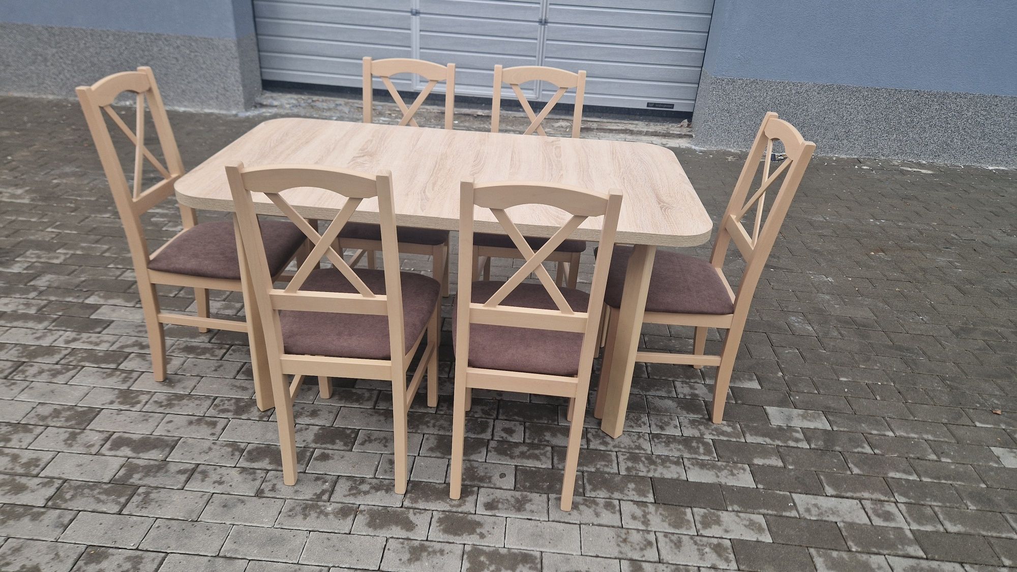Nowe: Stół 80x140/180 + 6 krzeseł, sonoma+brąz(krzyż) dostawa cała PL