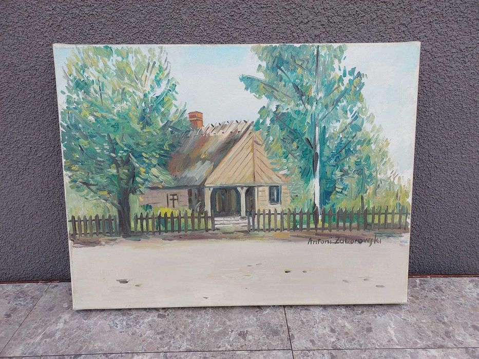 75 Obraz pejzaż wiejska chata Antoni Zaborowski olej płótno
