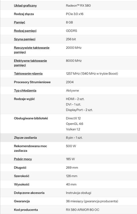 Karta Graficzna Radeon RX 580 MSI ARMOR OC 8GB GDDR5 Szyna 256 bit
