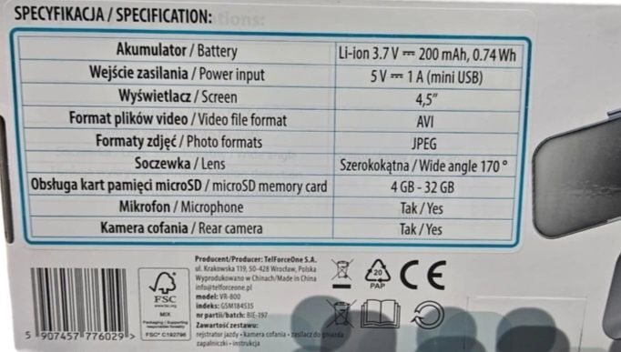 Rejestrator jazdy z kamerą cofania full HD 1080