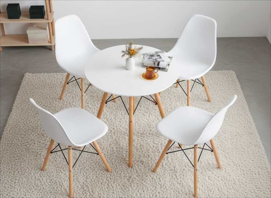 NOWY Biały Okrągły Stół 60 cm z Krzesłami Do Jadalni Kuchni Salonu FV