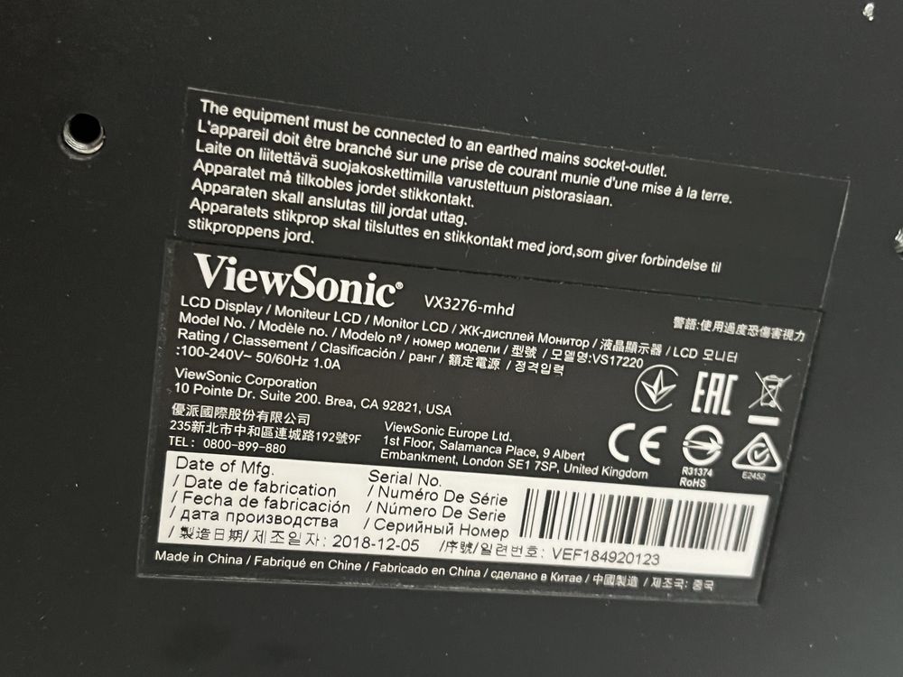 Monitor ViewSonic VX3276-MHD-2 Model No.: VS17220