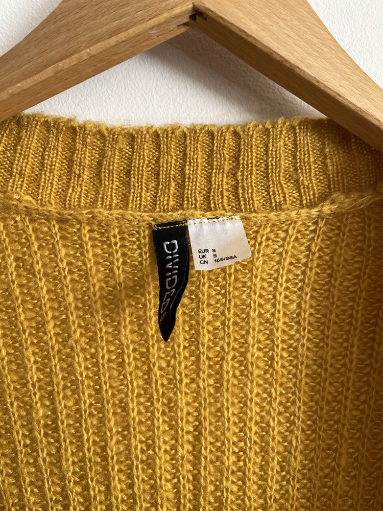 Kardigan sweter S długi lekki żółty musztardowy H&M