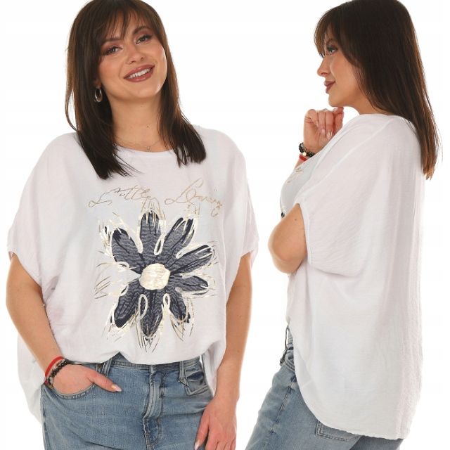 F667 Bluzka Tunika Oversize, Nadruk Kwiat