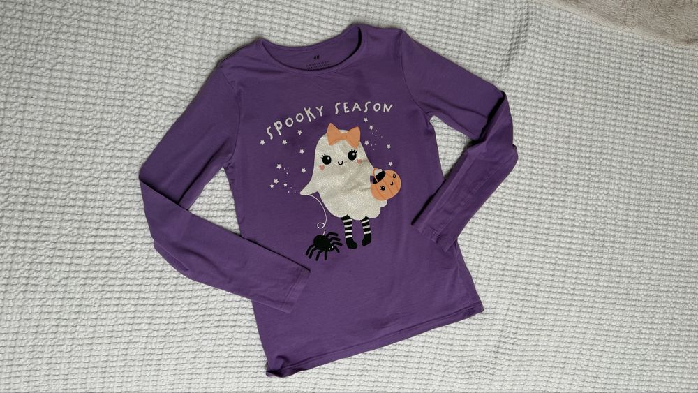 H&M fioletowa koszulka duch halloween dynia 134/140 9/10l modna