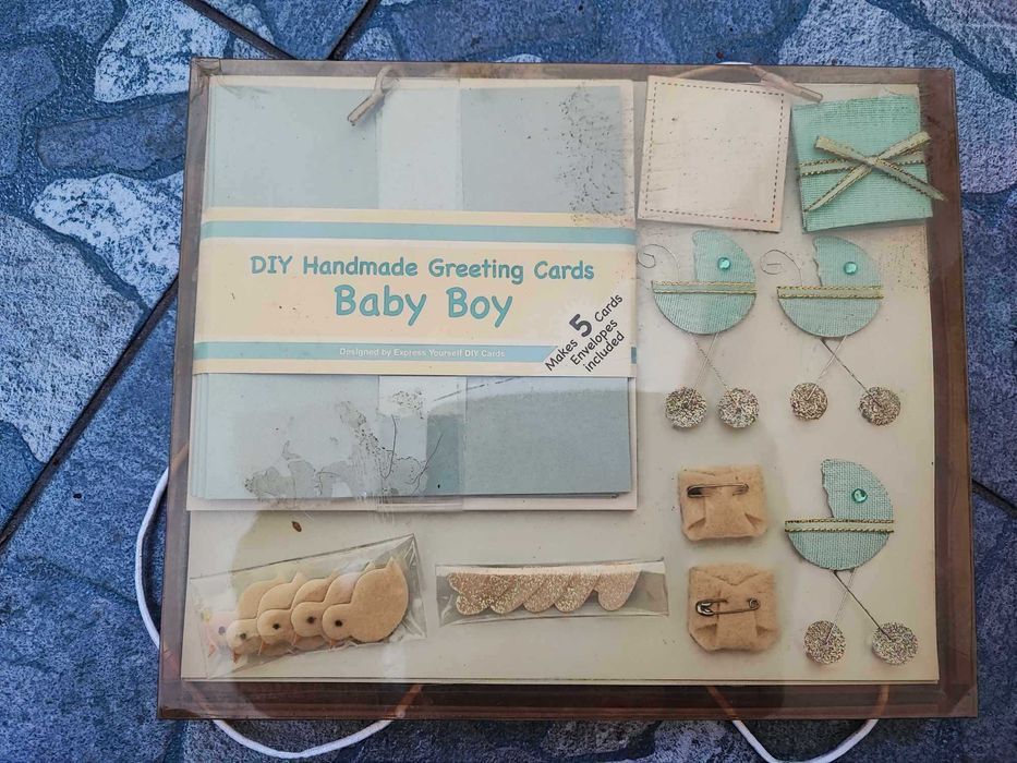 Zestaw ręcznie robionych kartek i ozdób,vintage lat 70 Baby Boy