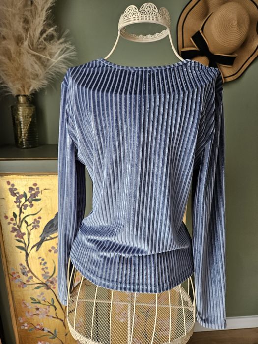 Elegancka Welurowa Bluzka damska Prążki Cut-Out Wiązanie Błękit S/M