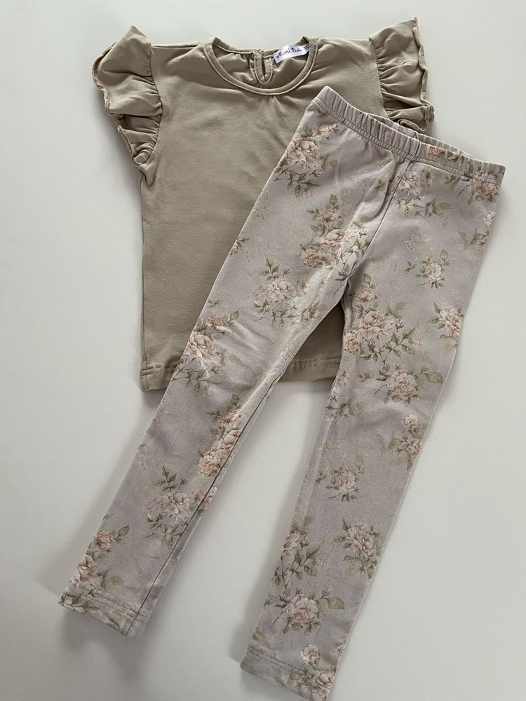 Komplet legginsy kwiaty bluzka khaki 104/110 handmade