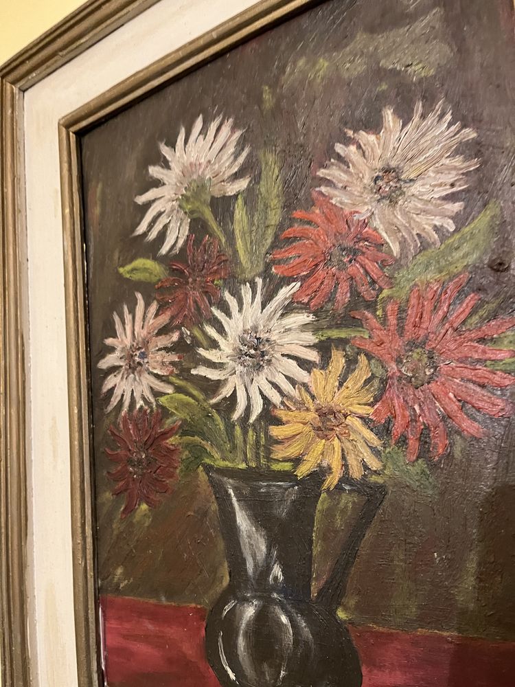 Śliczny duży obraz olejny. Kwiaty w wazonie. Francja, lata 60