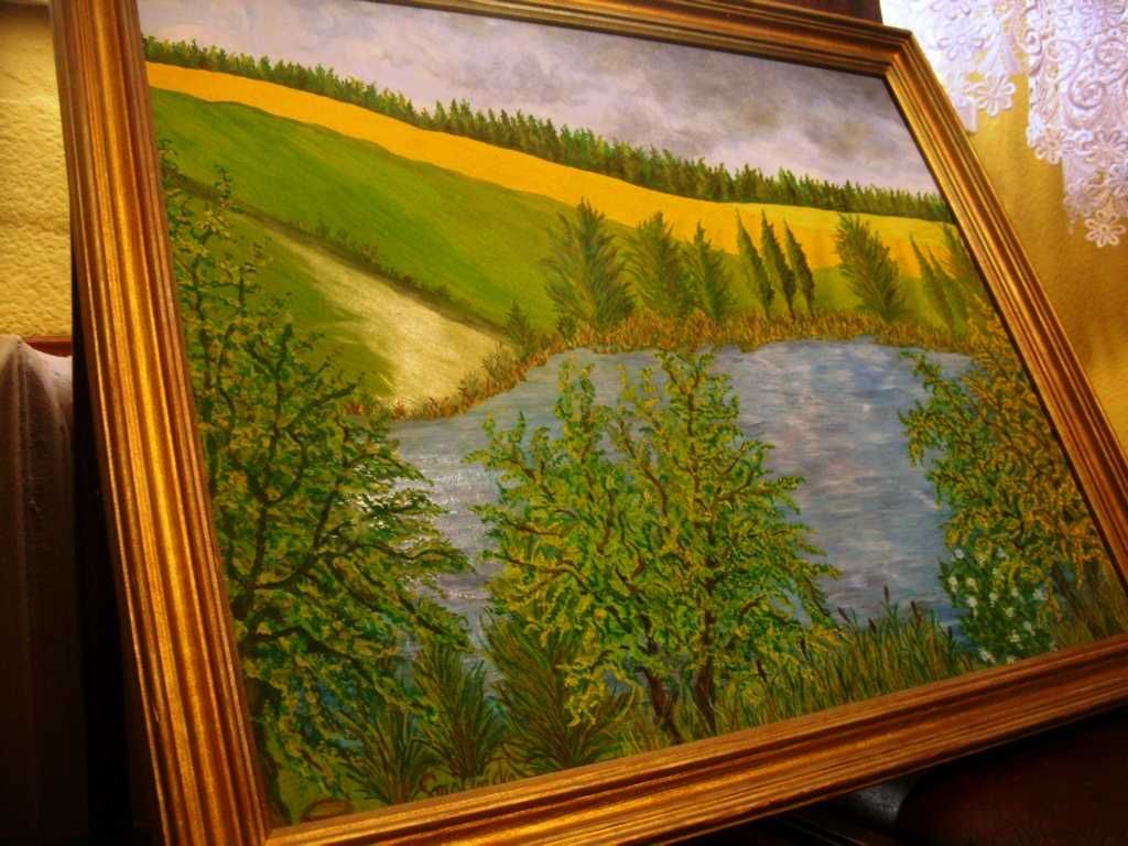 Obraz ręcznie malowany - łąka pola staw jezioro drzewa lato słonecznie