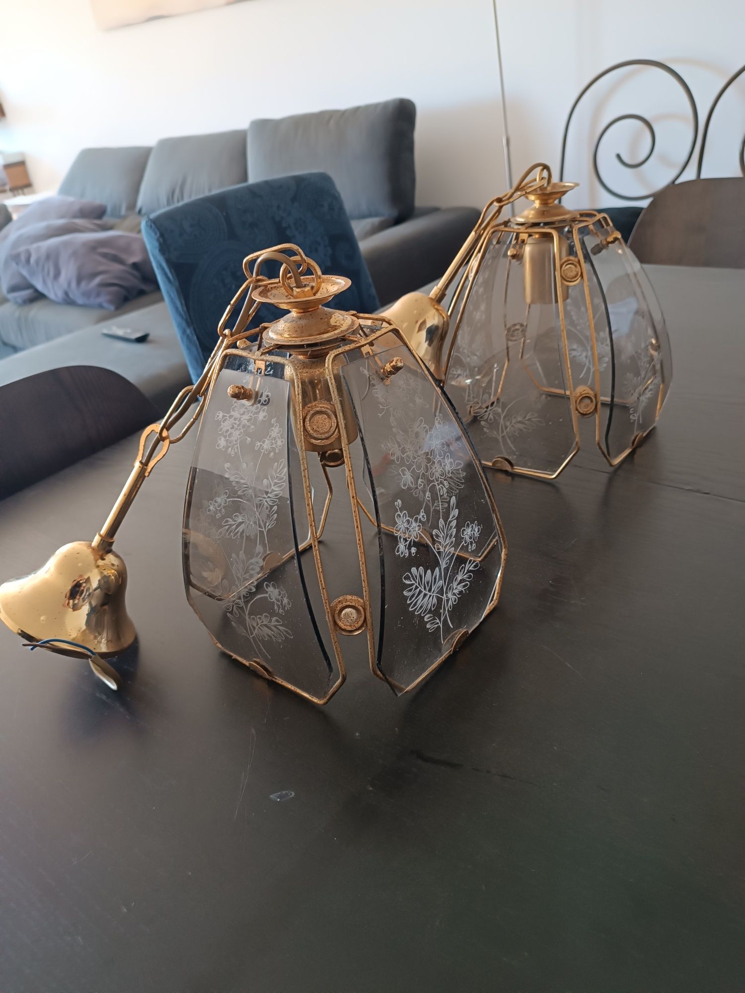 Par de Candeeiros vintage em vidro e dourado