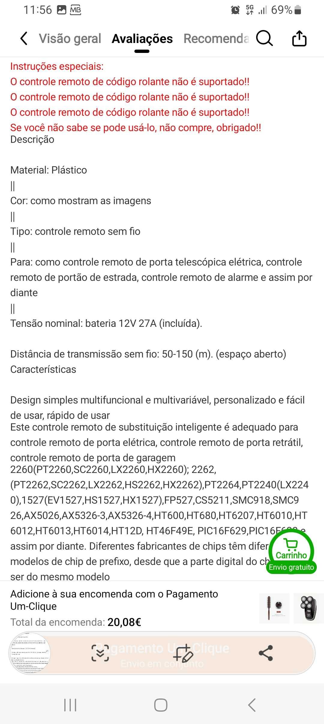Controlo remoto para Garagem