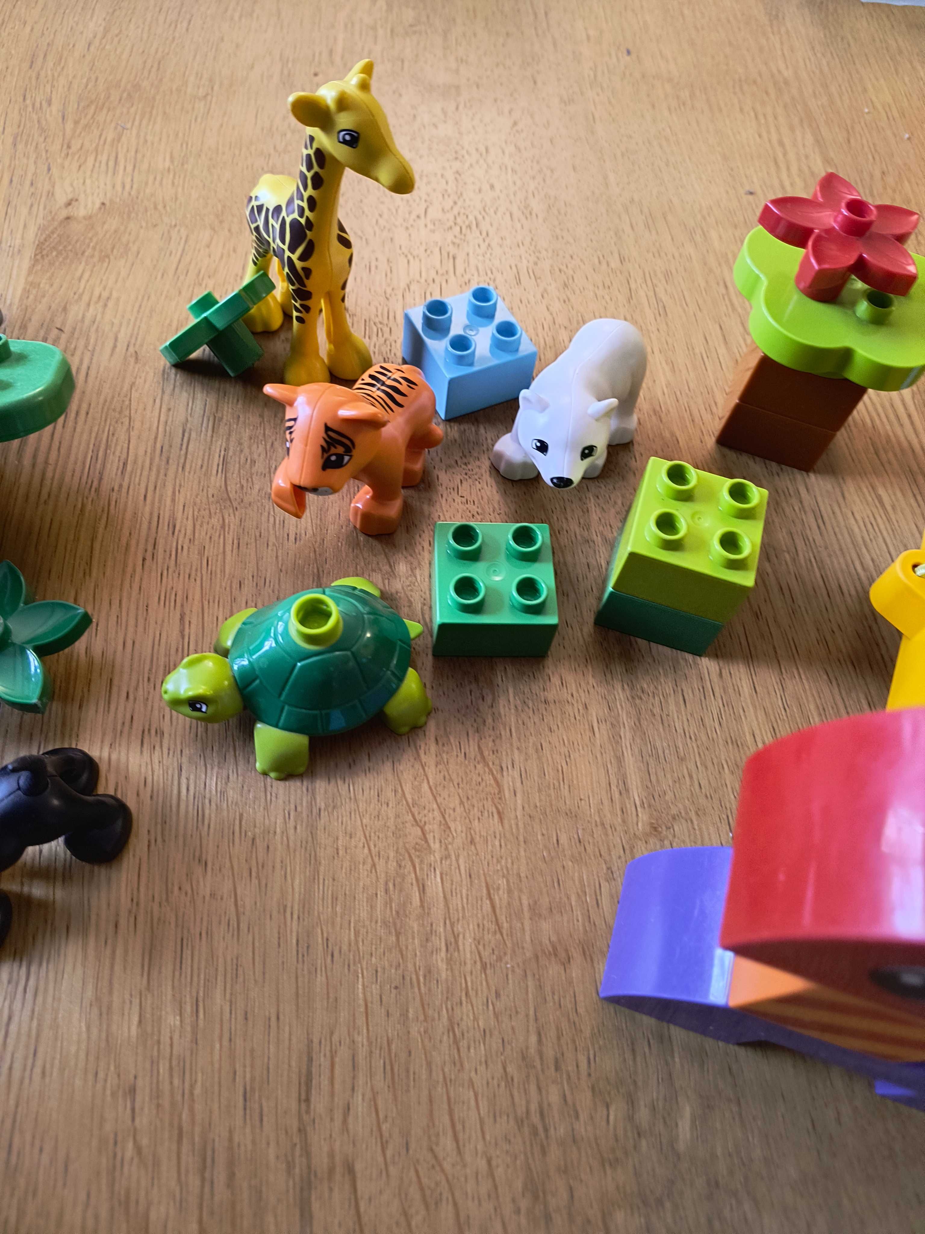 3 zestawy LEGO Duplo zwierzątka, pilot, pojazd do ciągnięcia