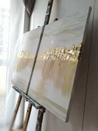 RezerwacjaDwa obrazy ręcznie malowane dyptyk zestaw złote miasto abst