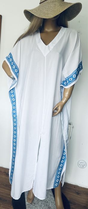 Długa biała plażowa tunika oversize uniwersalna niebieska sukinenka