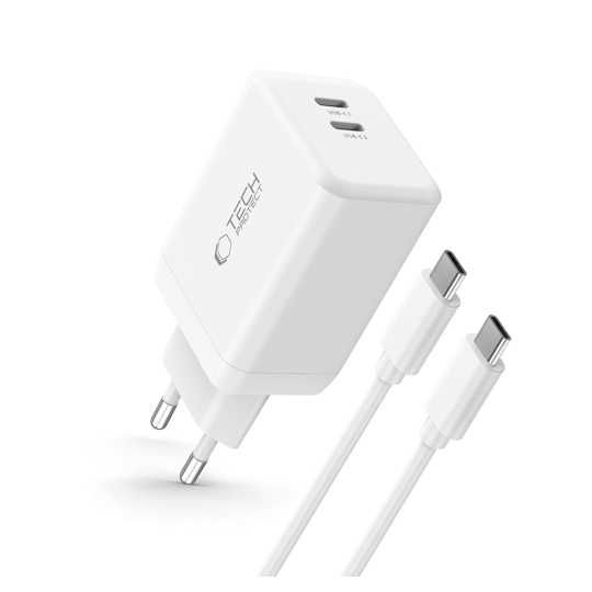 Ładowarka sieciowa 2x USB-C 45W Tech-Protect + kabel USB-C 1m biała