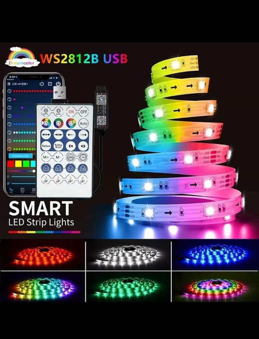 Cветодиодна LED лента  10 метрів Bluetooth адресна 2812 Dreamcolor USВ
