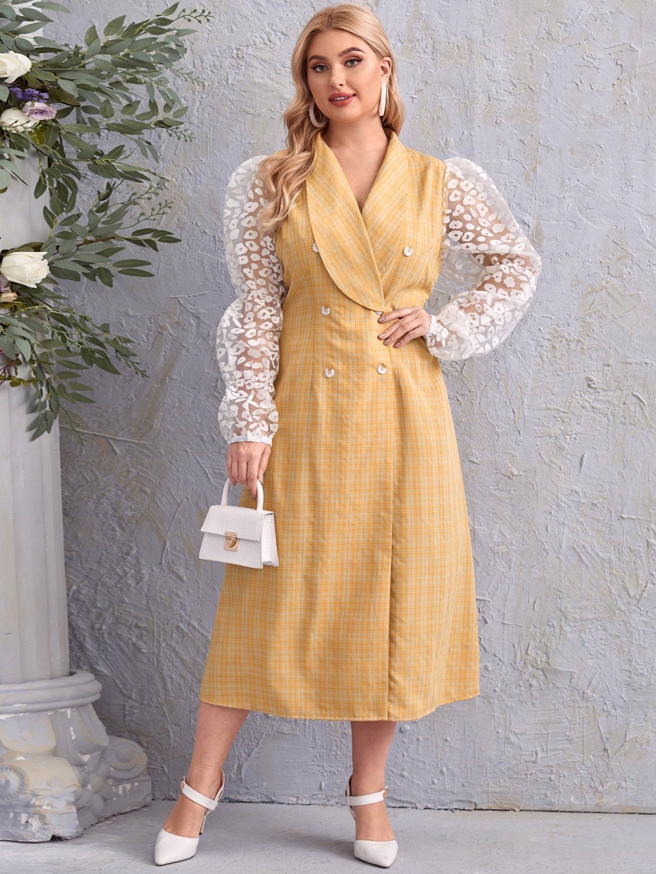 Sukienka Marynarkowa Maxi W Kratkę Z Siateczkowymi Rękawami Shein 4Xl